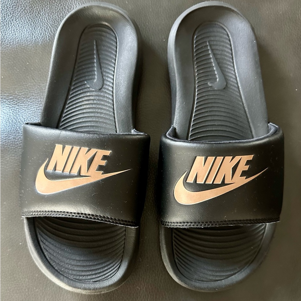 Nike Black Athletic Slides with Rose gold Nike swoosh